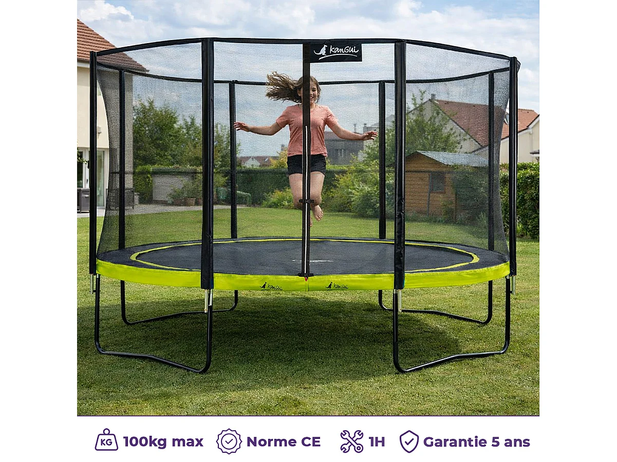 KANGUI Trampoline de jardin rond 430 cm + filet de sécurité + échelle + bâche de protection - PUNCHI Vert 430