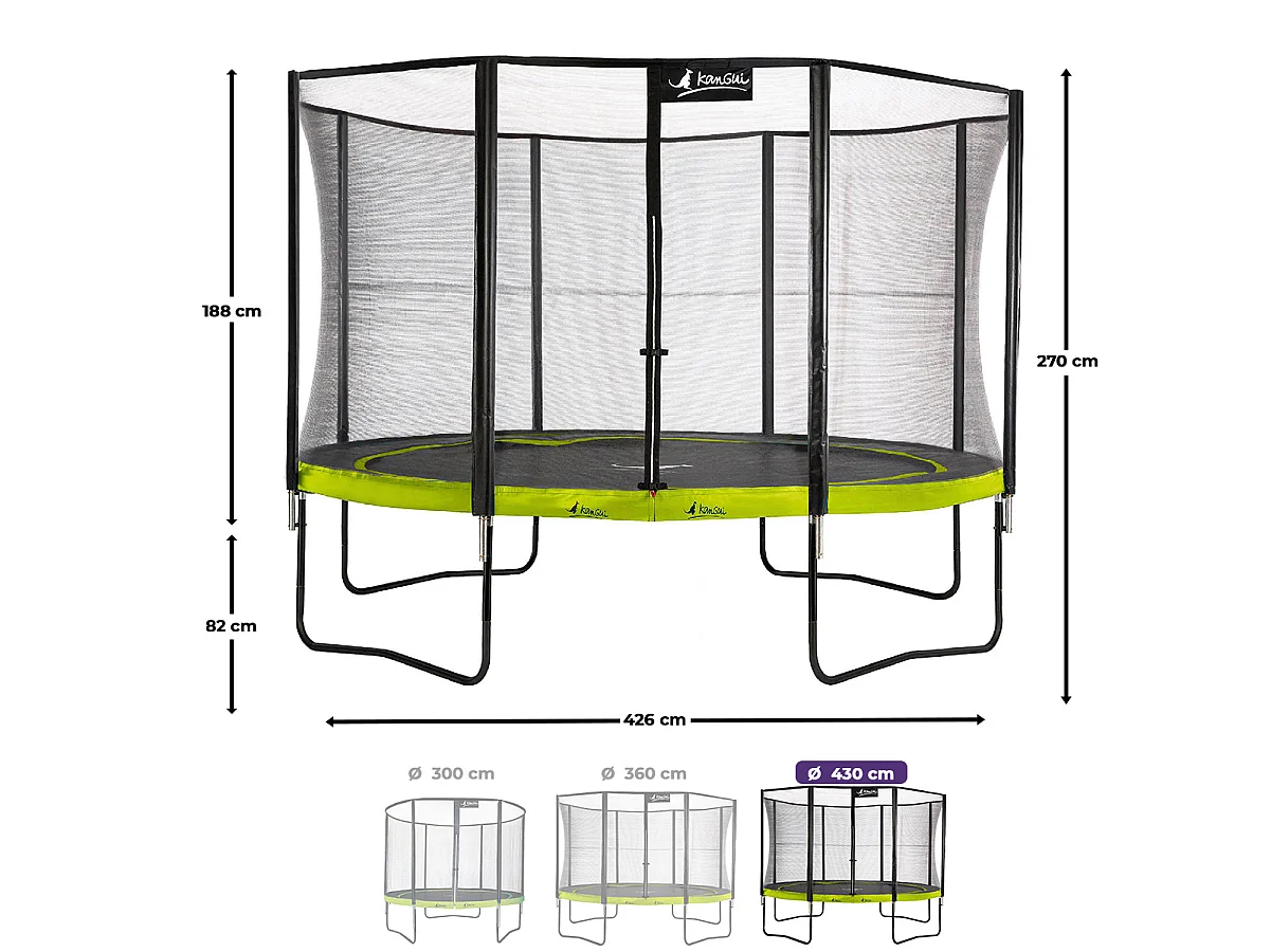 KANGUI Trampoline de jardin rond 430 cm + filet de sécurité + échelle + bâche de protection - PUNCHI Vert 430