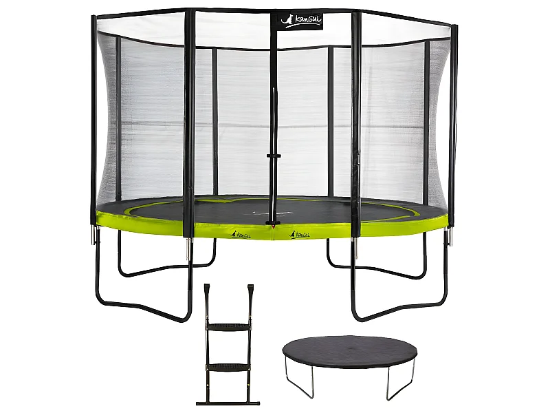 Kangui - Trampoline de jardin rond 430 cm + filet de sécurité + échelle + bâche de protection | PUNCHI Vert 430
