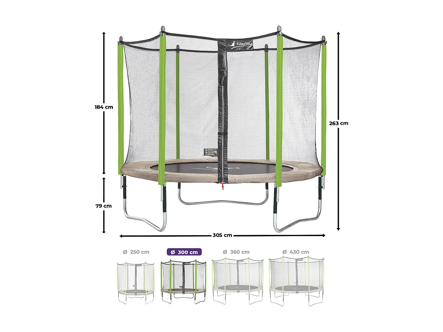 Kangui - Trampoline de jardin 305 cm + filet + échelle + bâche + kit d'ancrage  JUMPI Taupe/Vert