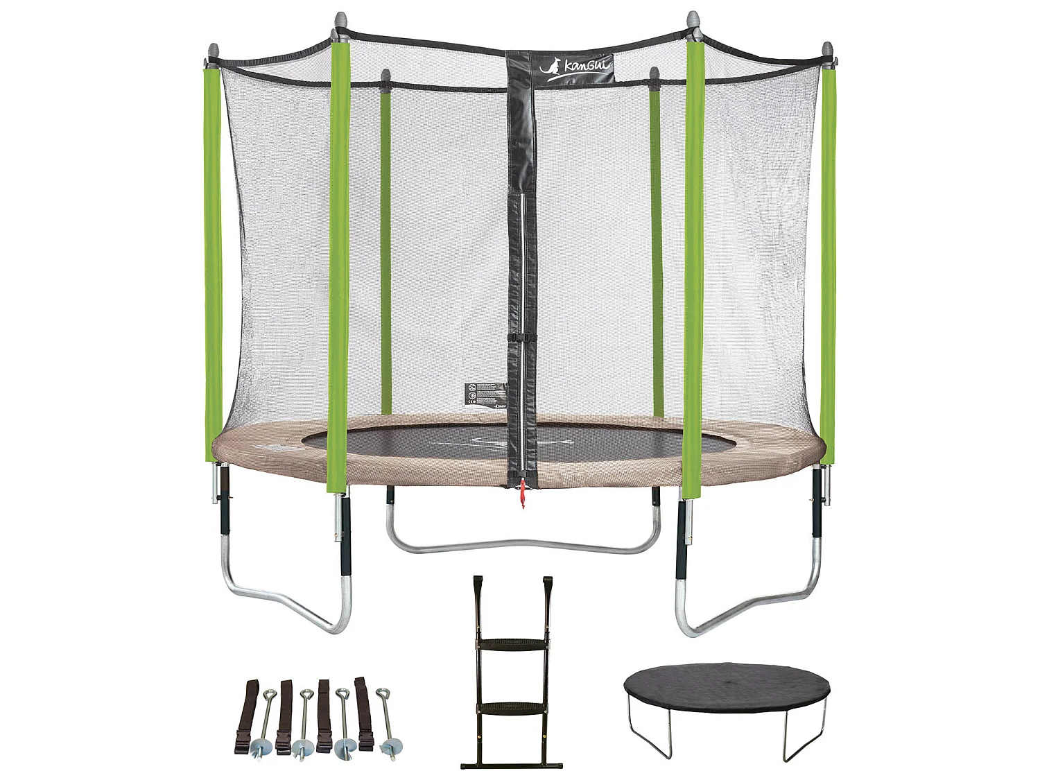 Kangui - Trampoline de jardin 305 cm + filet + échelle + bâche + kit d'ancrage  JUMPI Taupe/Vert