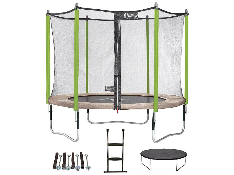 Kangui - Trampoline de jardin 305 cm + filet + échelle + bâche + kit d'ancrage  JUMPI Taupe/Vert