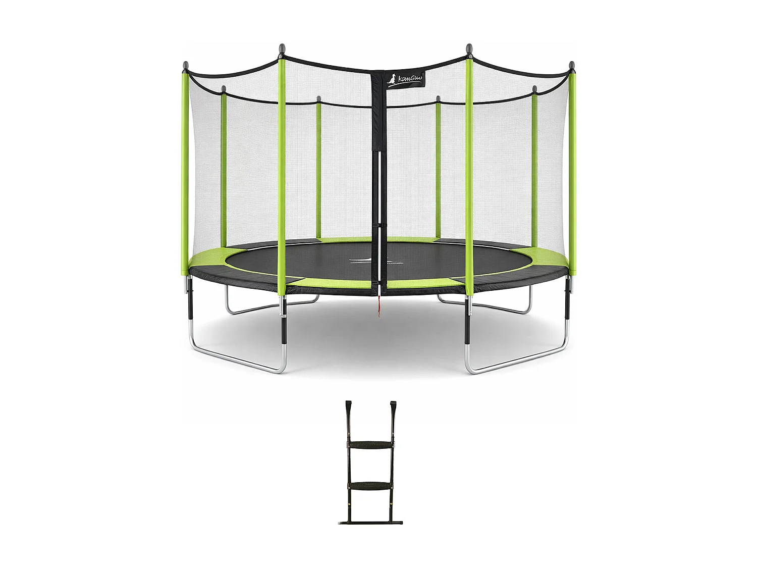 Kangui - Trampoline de jardin 365 cm + filet de sécurité + échelle JUMPI Vert/Noir 360