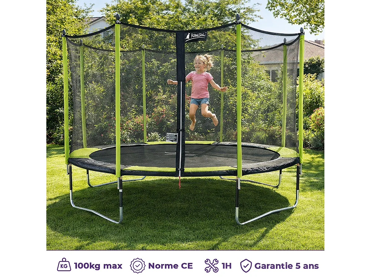 Kangui - Trampoline de jardin 365 cm + filet de sécurité + échelle JUMPI Vert/Noir 360