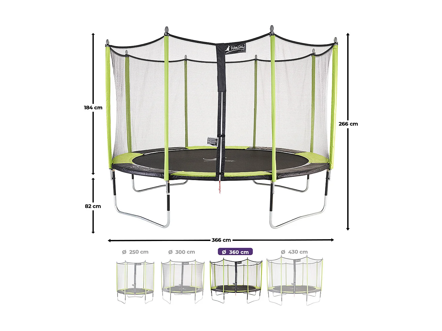 Kangui - Trampoline de jardin 365 cm + filet de sécurité + échelle JUMPI Vert/Noir 360
