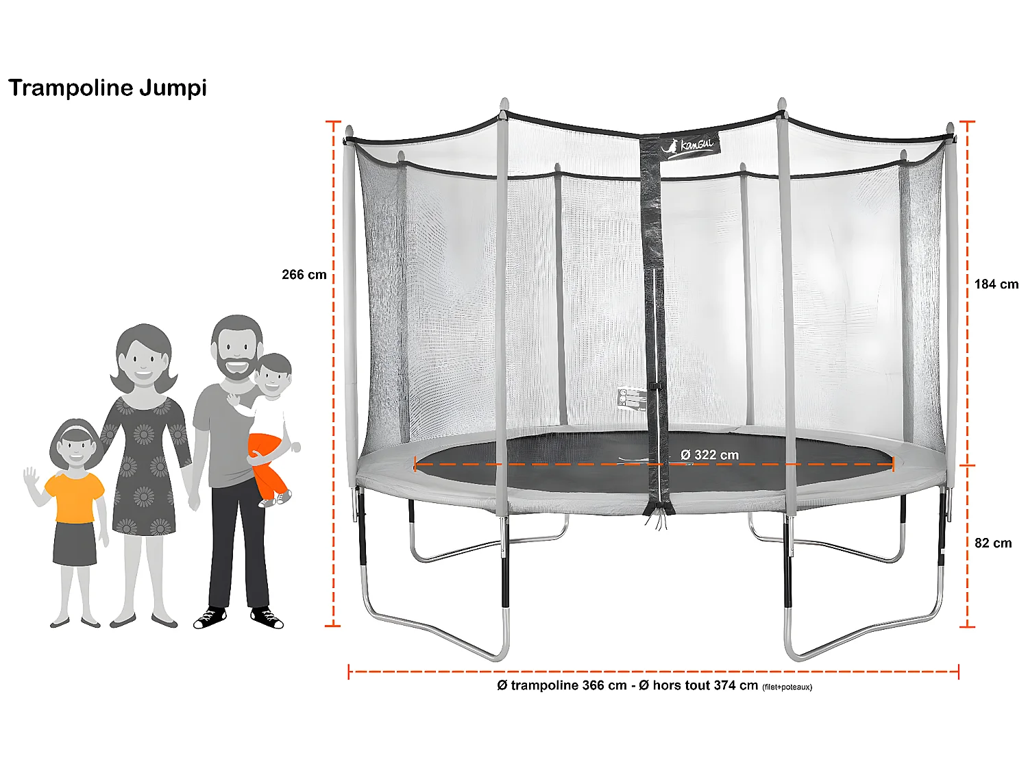 Kangui - Trampoline de jardin 365 cm + filet de sécurité + échelle JUMPI Vert/Noir 360
