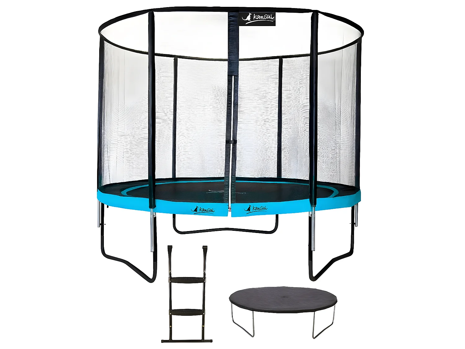 Kangui - Trampoline de jardin rond 305 cm + filet de sécurité + échelle + bâche de protection | PUNCHI Bleu 300
