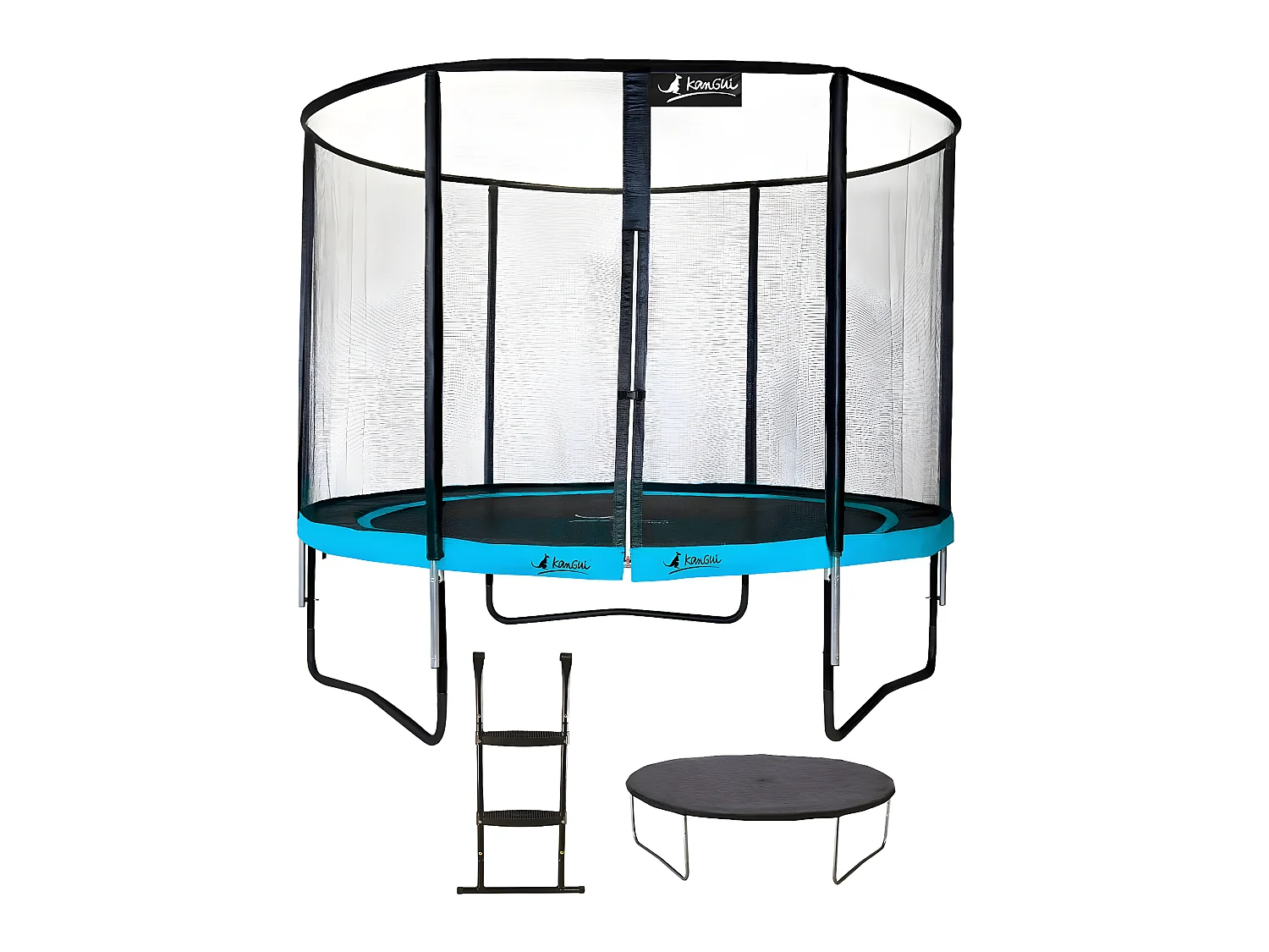Kangui - Trampoline de jardin rond 305 cm + filet de sécurité + échelle + bâche de protection | PUNCHI Bleu 300