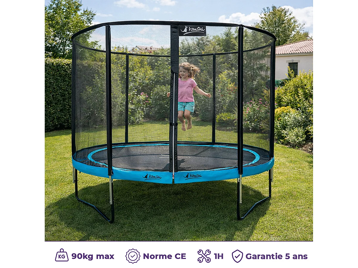 KANGUI Trampoline de jardin rond 305 cm + filet de sécurité + échelle + bâche de protection - PUNCHI Bleu 300