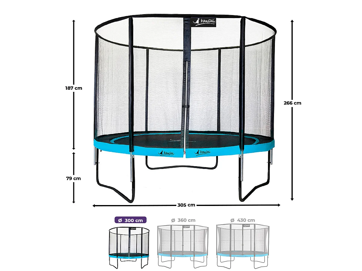 KANGUI Trampoline de jardin rond 305 cm + filet de sécurité + échelle + bâche de protection - PUNCHI Bleu 300