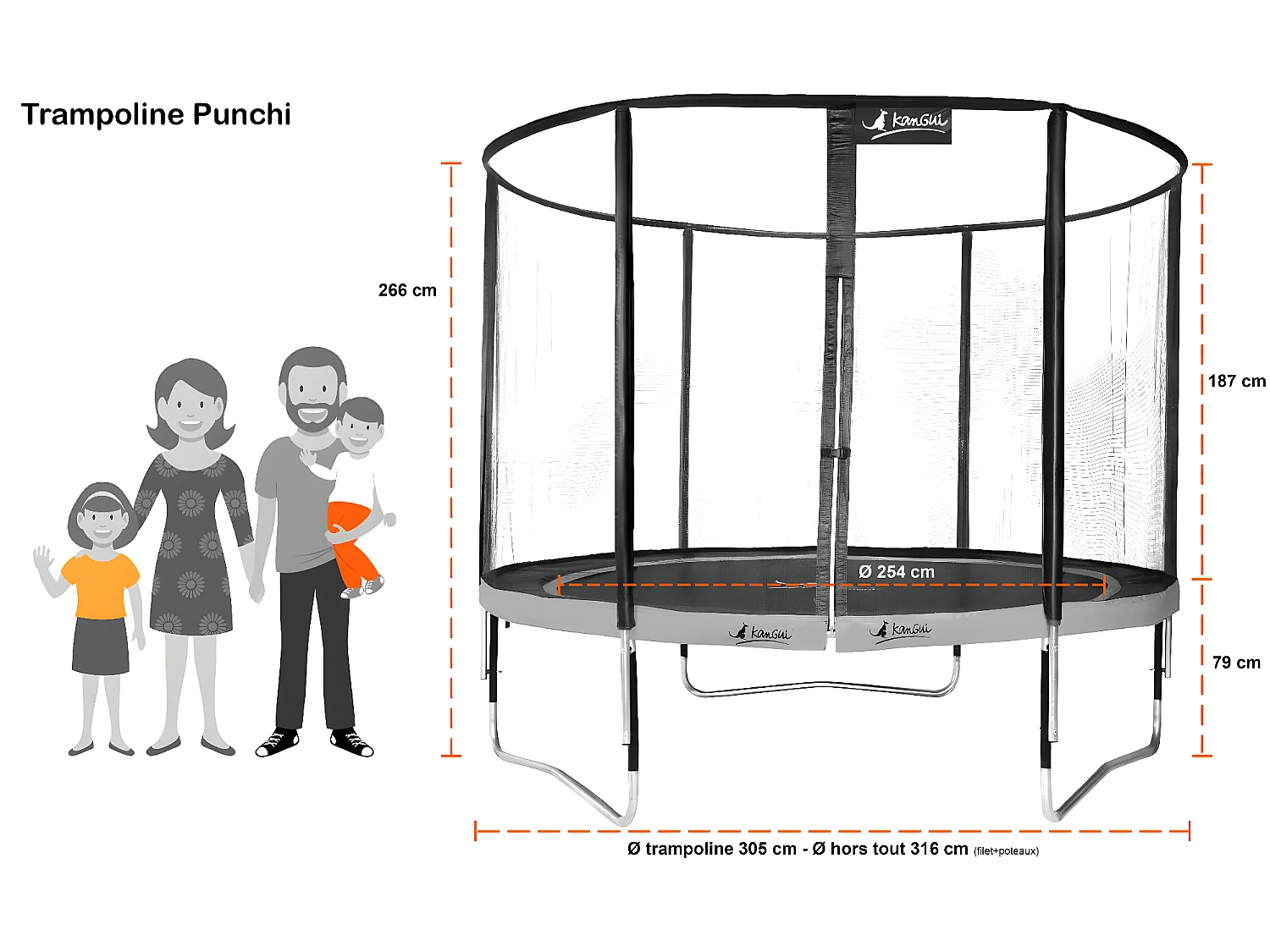 Kangui - Trampoline de jardin rond 305 cm + filet de sécurité | PUNCHI Vert 300