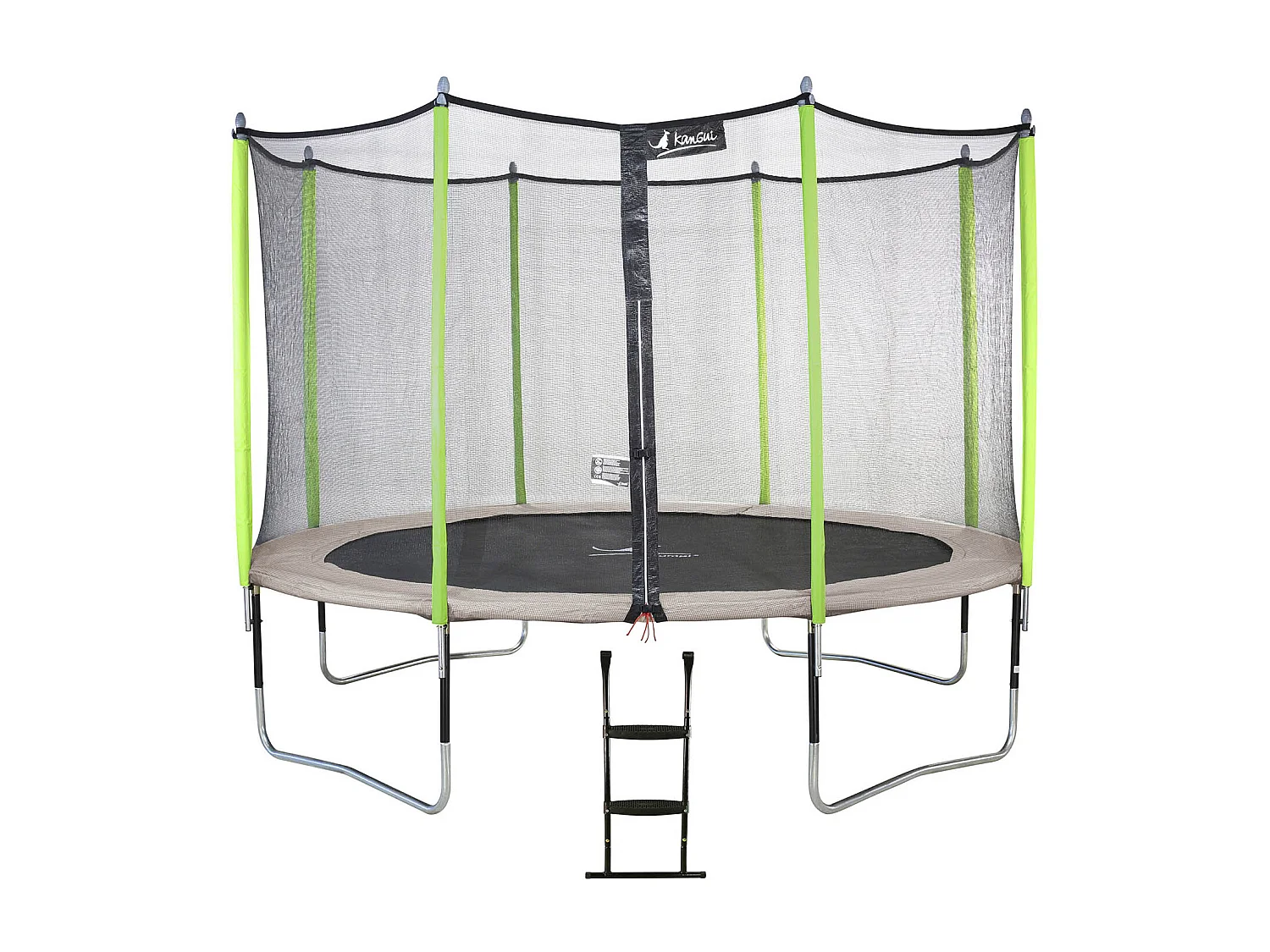 Kangui - Trampoline de jardin 426 cm + filet de sécurité + échelle  JUMPI Taupe/Vert 430.  Trampoline certifié par le CRITT sport & loisirs