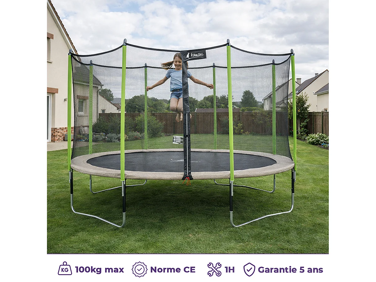 Kangui - Trampoline de jardin 426 cm + filet de sécurité + échelle  JUMPI Taupe/Vert 430.  Trampoline certifié par le CRITT sport & loisirs