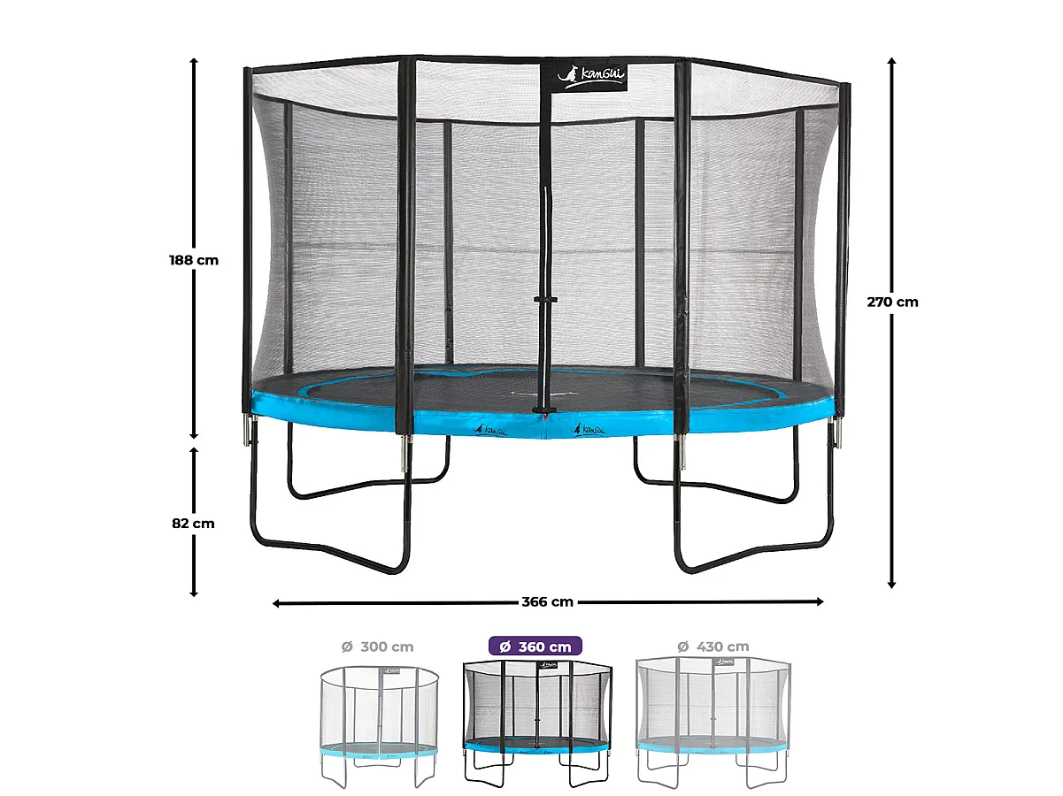 Kangui - Trampoline de jardin 365 cm + filet de sécurité + échelle + bâche de protection | PUNCHI Bleu 360