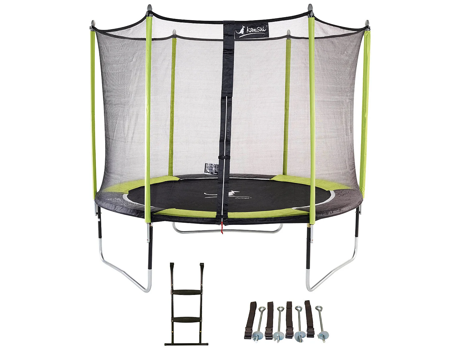 Kangui - Trampoline de jardin 305 cm + filet de sécurité + échelle + kit d'ancrage JUMPI Vert/Noir 300