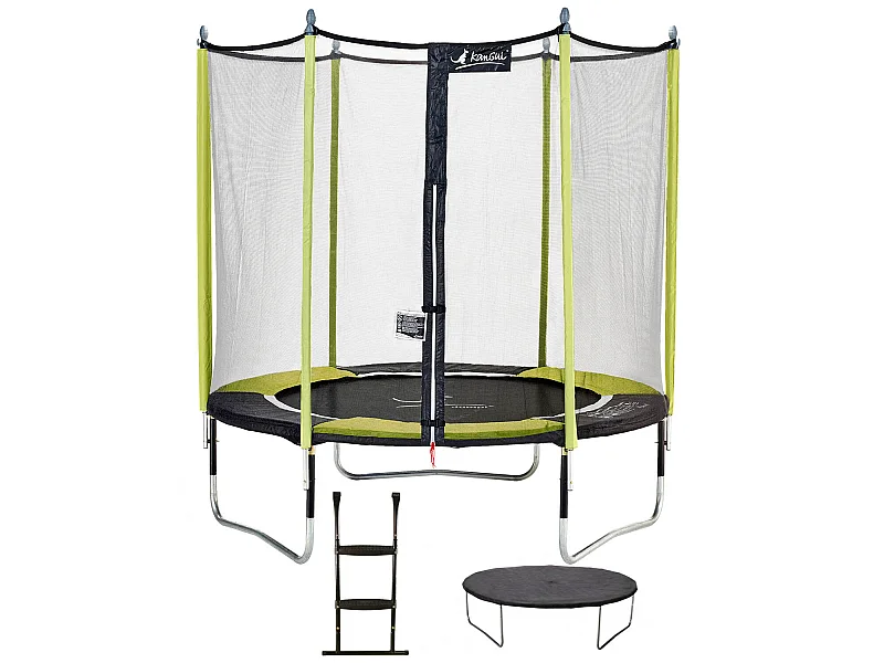 Kangui - Trampoline de jardin 244 cm + filet de sécurité + échelle + bâche de protection JUMPI Vert/Noir 250