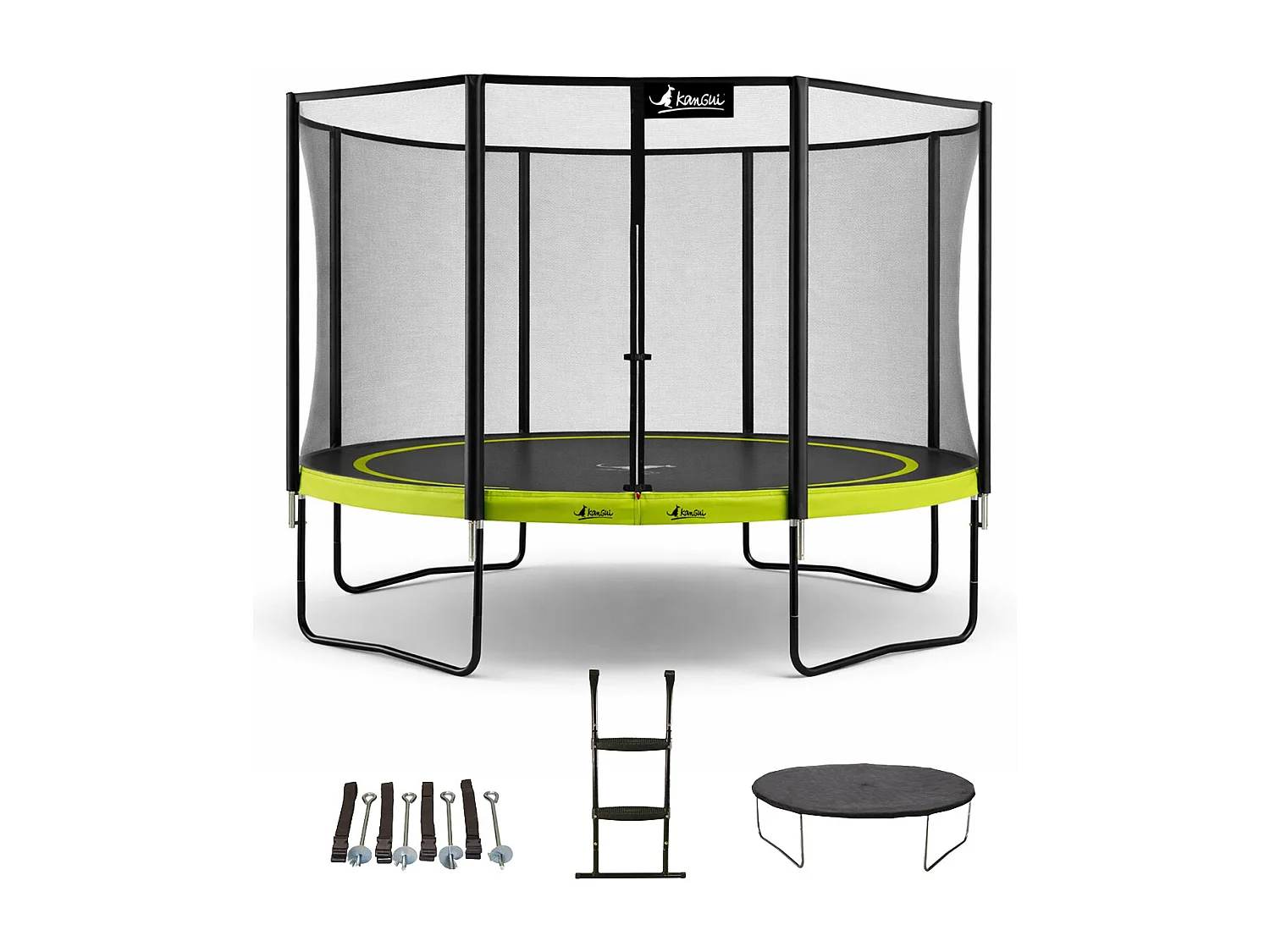 Kangui - Trampoline de jardin rond 430 cm + filet + échelle + bâche + kit ancrage | PUNCHI Vert 430