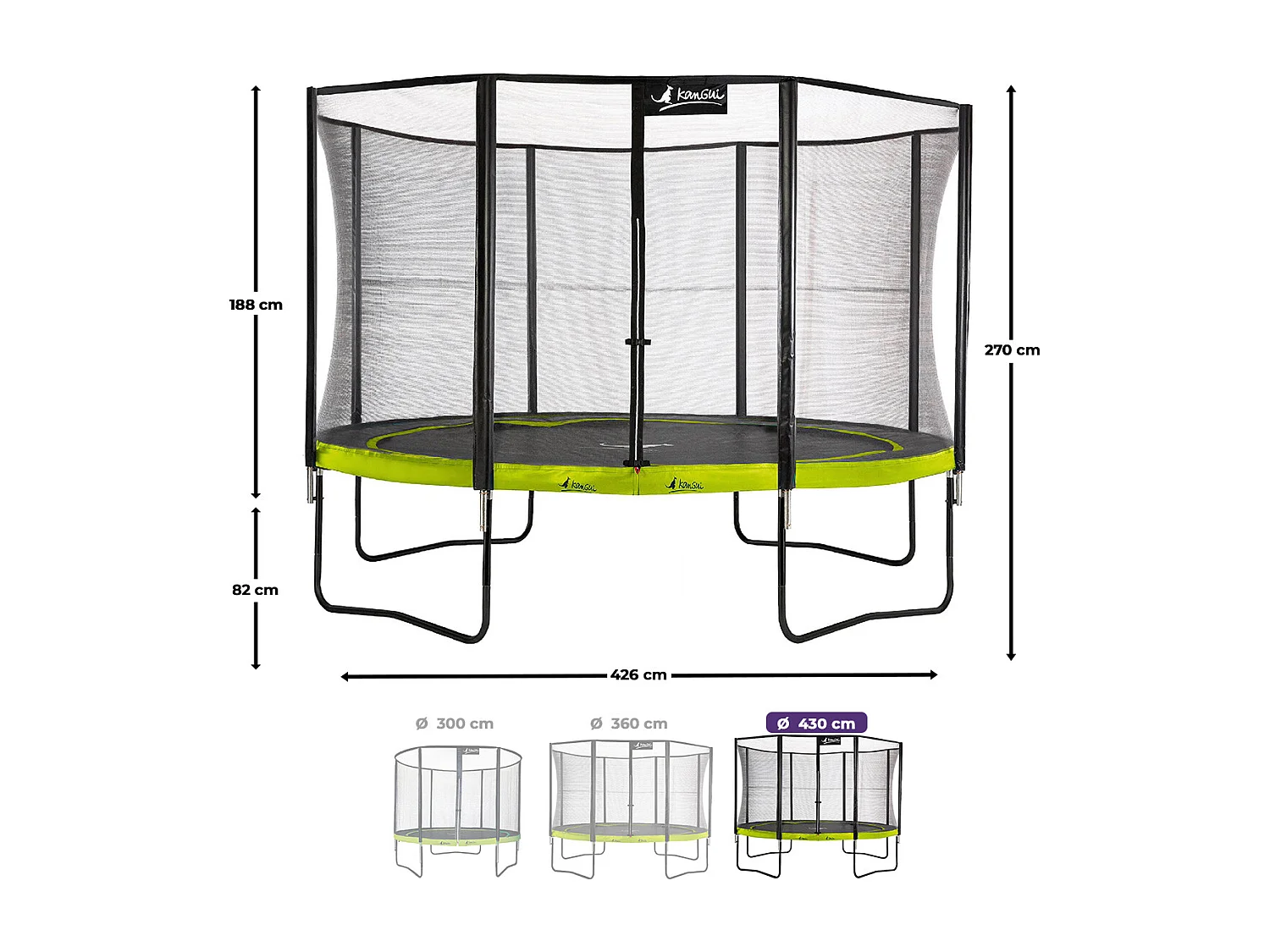 Kangui - Trampoline de jardin rond 430 cm + filet + échelle + bâche + kit ancrage | PUNCHI Vert 430