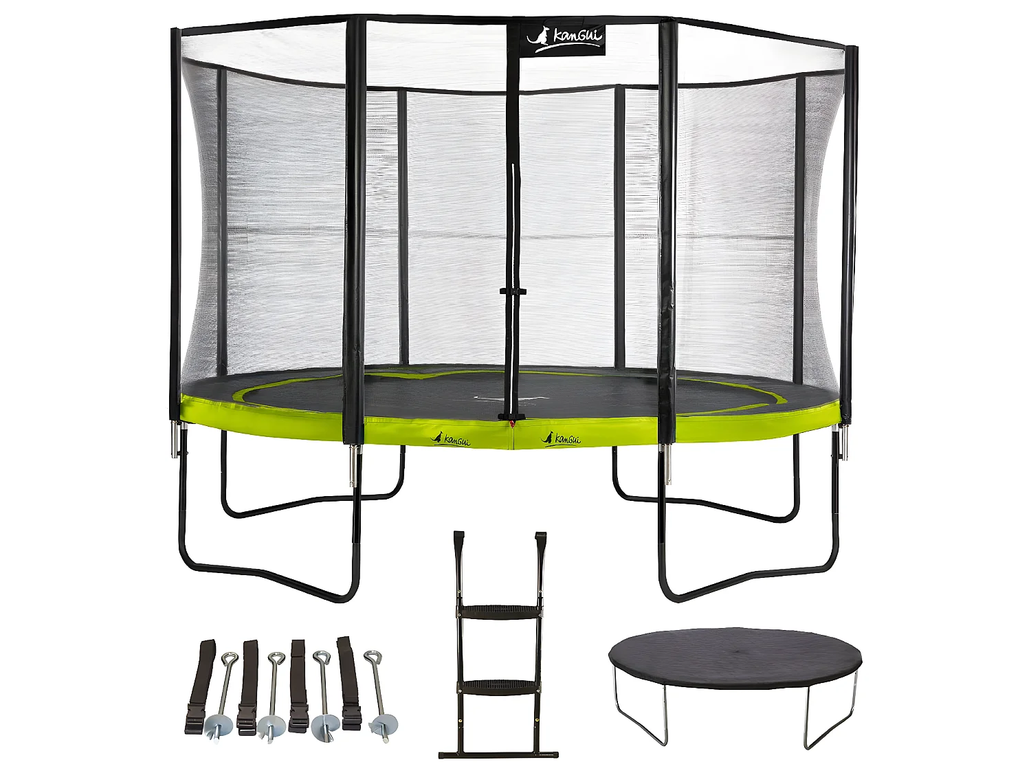 Kangui - Trampoline de jardin rond 430 cm + filet + échelle + bâche + kit ancrage | PUNCHI Vert 430