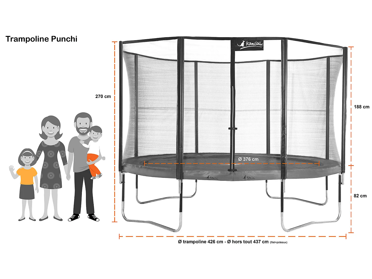 Kangui - Trampoline de jardin rond 430 cm + filet + échelle + bâche + kit ancrage | PUNCHI Vert 430