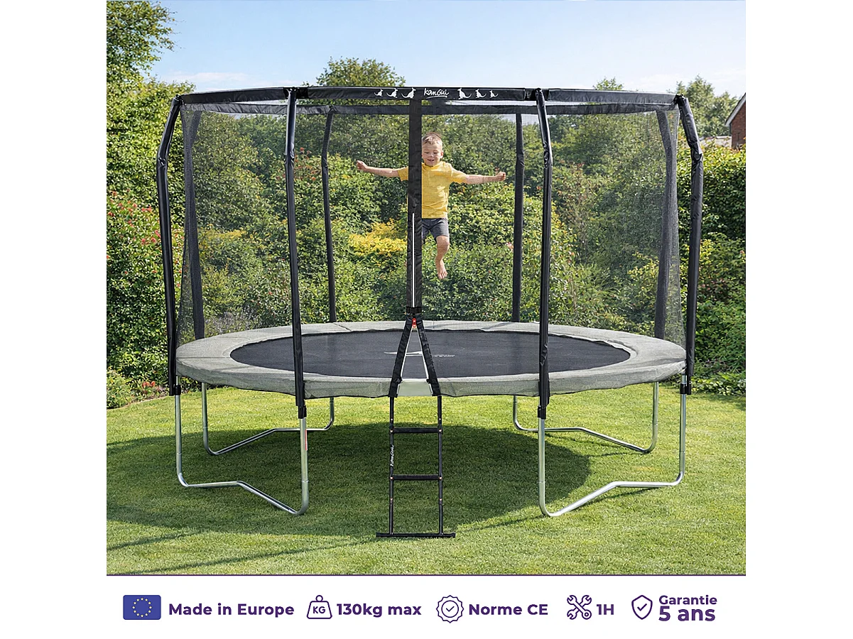 Kangui - Trampoline de jardin rond Ø360cm avec filet de sécurité + échelle - Fabrication européenne - Famili 360