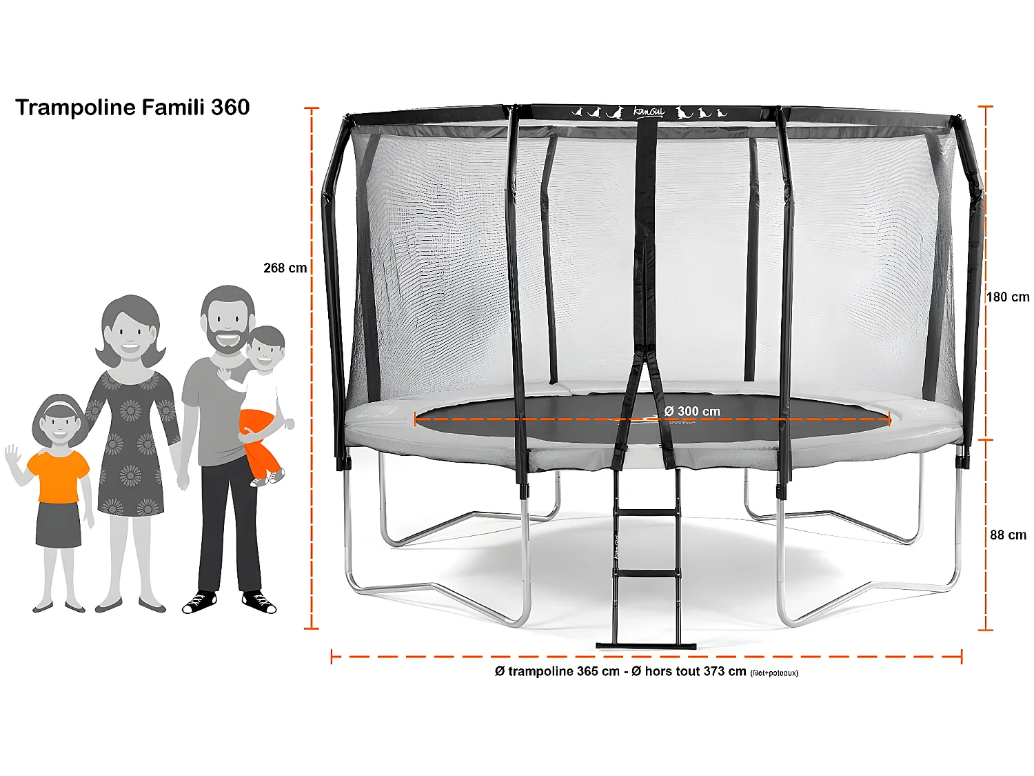 Kangui - Trampoline de jardin rond Ø366cm avec filet de sécurité + échelle - Fabrication européenne - Famili 360