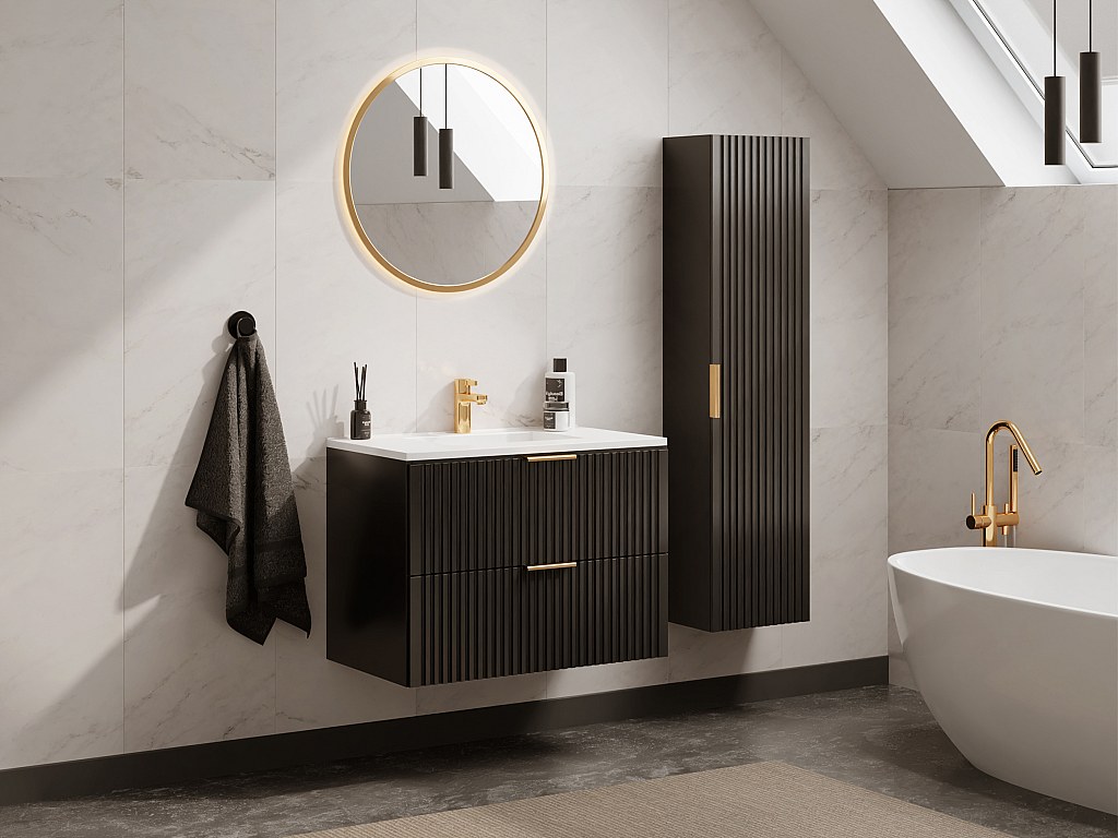 Waschbeckenunterschrank hängend mit Einbauwaschbecken & Badhochschrank - Streifenoptik - Schwarz - 80 cm - ZEVARA