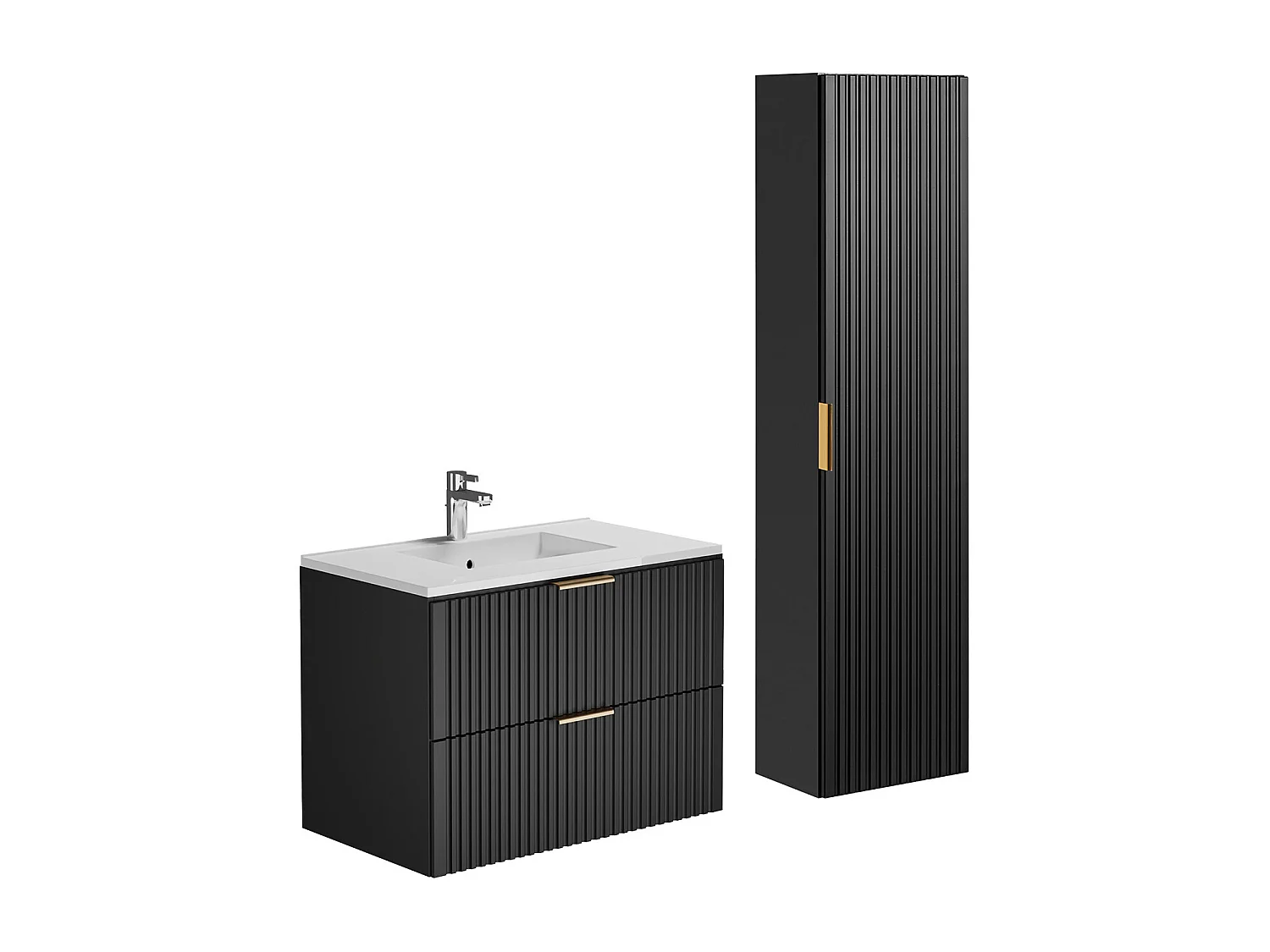 Mobile per bagno sospeso con scanalature e lavabo da incasso e colonna 80 cm Nero - ZEVARA