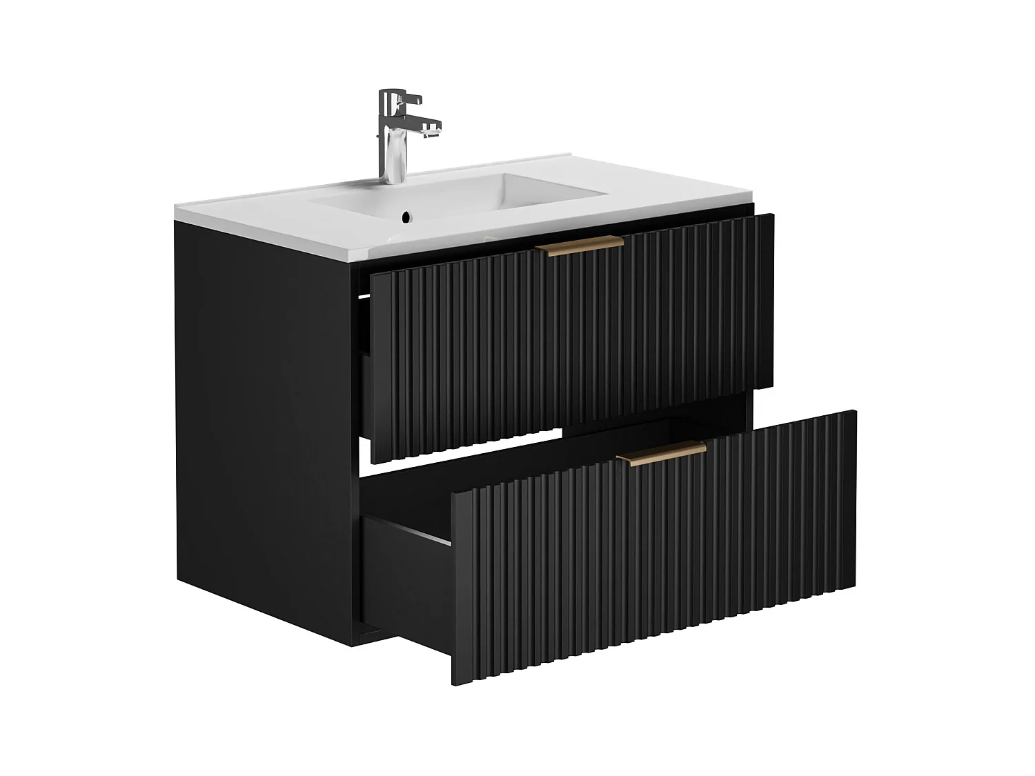 Mueble de baño suspendido con lavabo encastrado y armario - Negro - 80 cm - ZEVARA