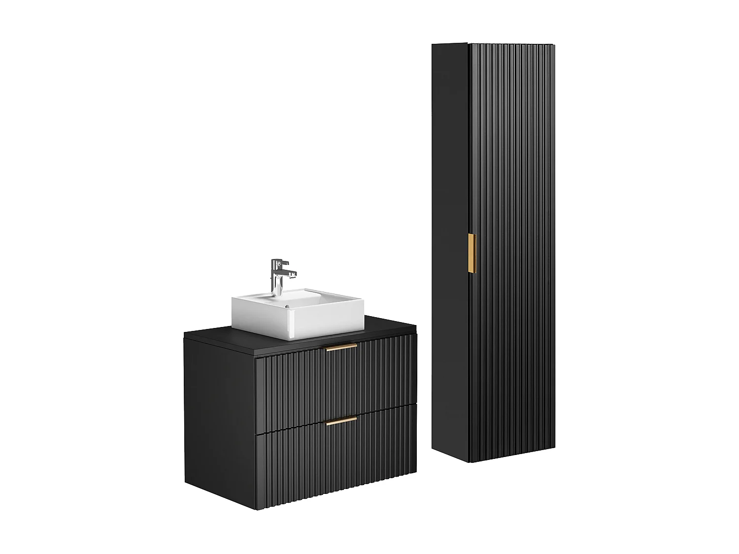Meuble de salle de bain suspendu strié avec vasque à poser et colonne - Noir - 80 cm - ZEVARA