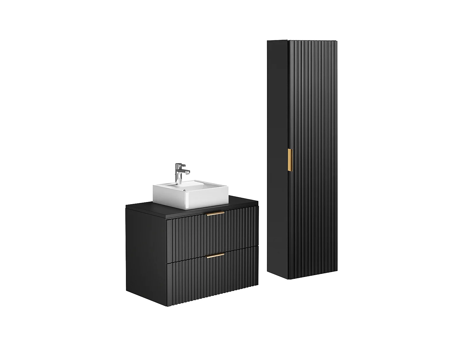 Mueble de baño suspendido con lavabo sobre encimera y armario - Negro - 80 cm - ZEVARA