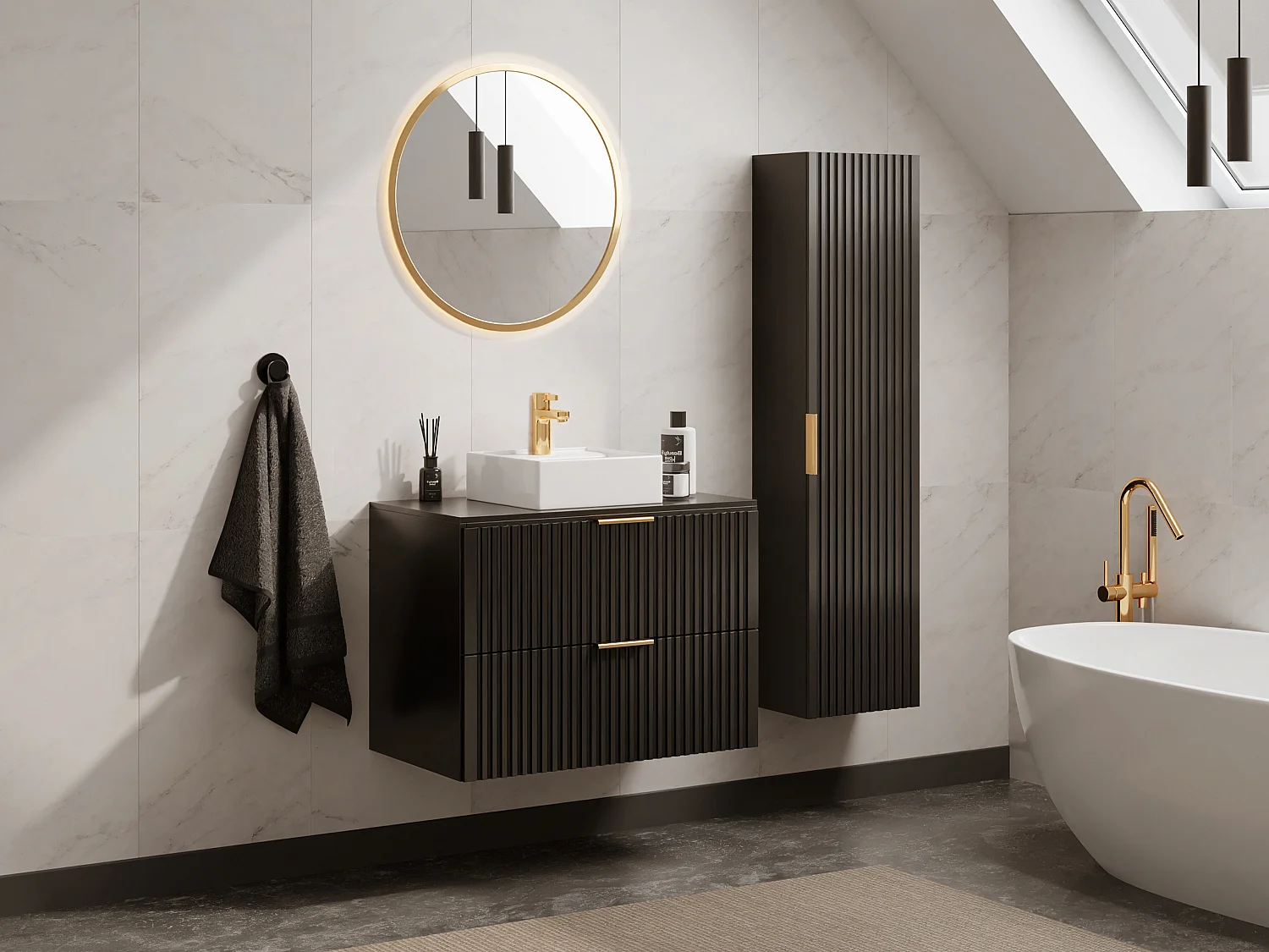 Mobile per bagno sospeso con scanalature e lavabo da appoggio e colonna 80 cm Nero - ZEVARA