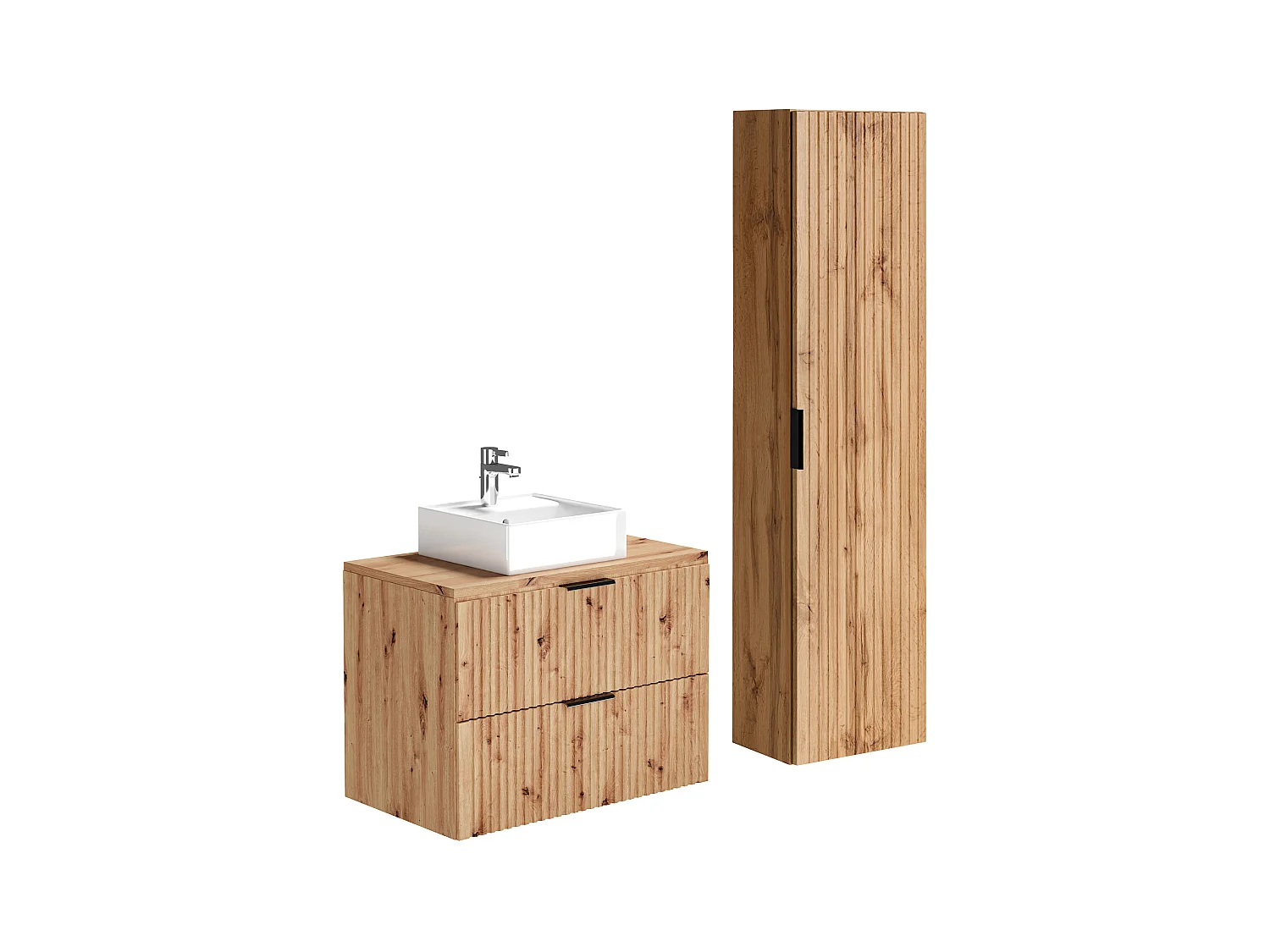 Geribbeld hangmeubelvoor badkamer met opzetwastafel - Licht naturel - 80 cm - ZEVARA