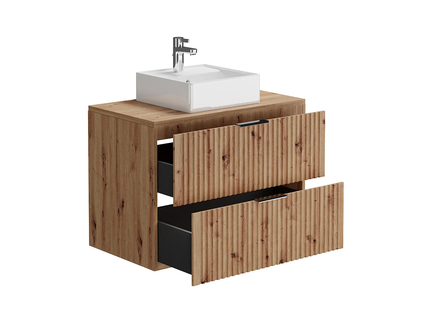 Geribbeld hangmeubelvoor badkamer met opzetwastafel - Licht naturel - 80 cm - ZEVARA