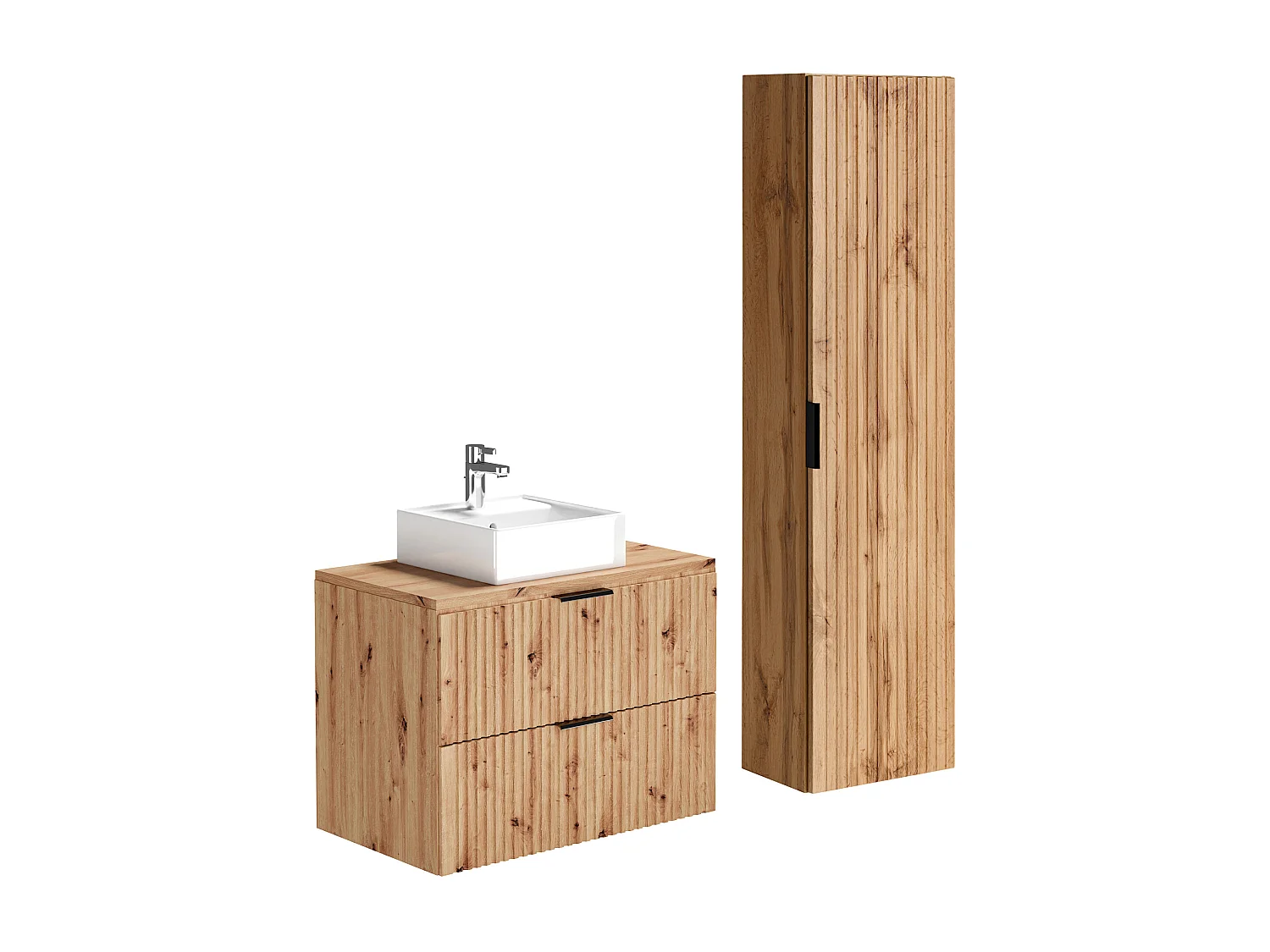 Mobile per bagno sospeso con scanalature e lavabo da appoggio Naturale chiaro 80 cm  - ZEVARA