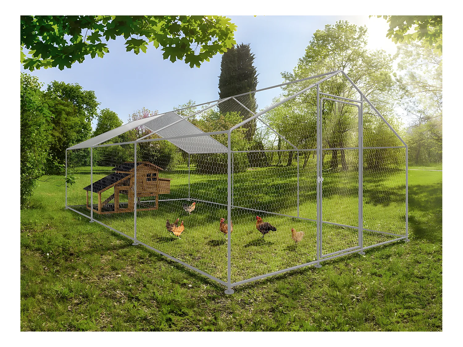 Galinheiro de 18m² em aço galvanizado com cobertura impermeável e porta com fechadura