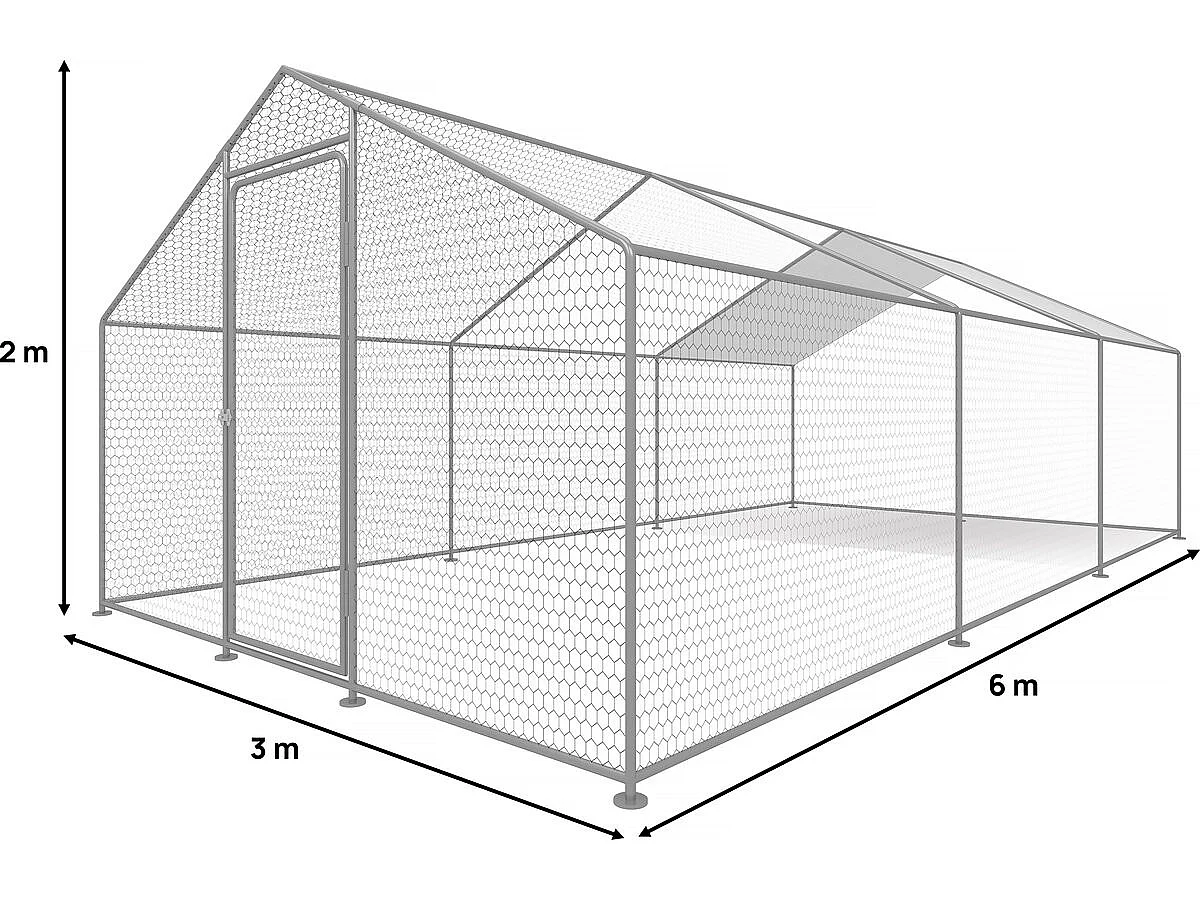Enclos à poules 18 m² parc grillagé 6 x 3 x 2 M acier galvanisé