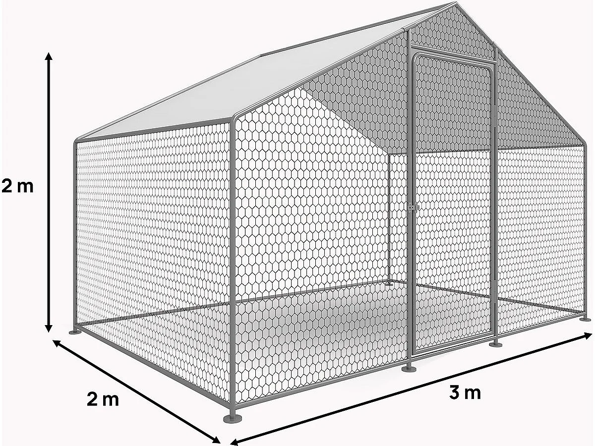 Enclos à poules 6 m² parc grillagé 2 x 3 x 2 M acier galvanisé