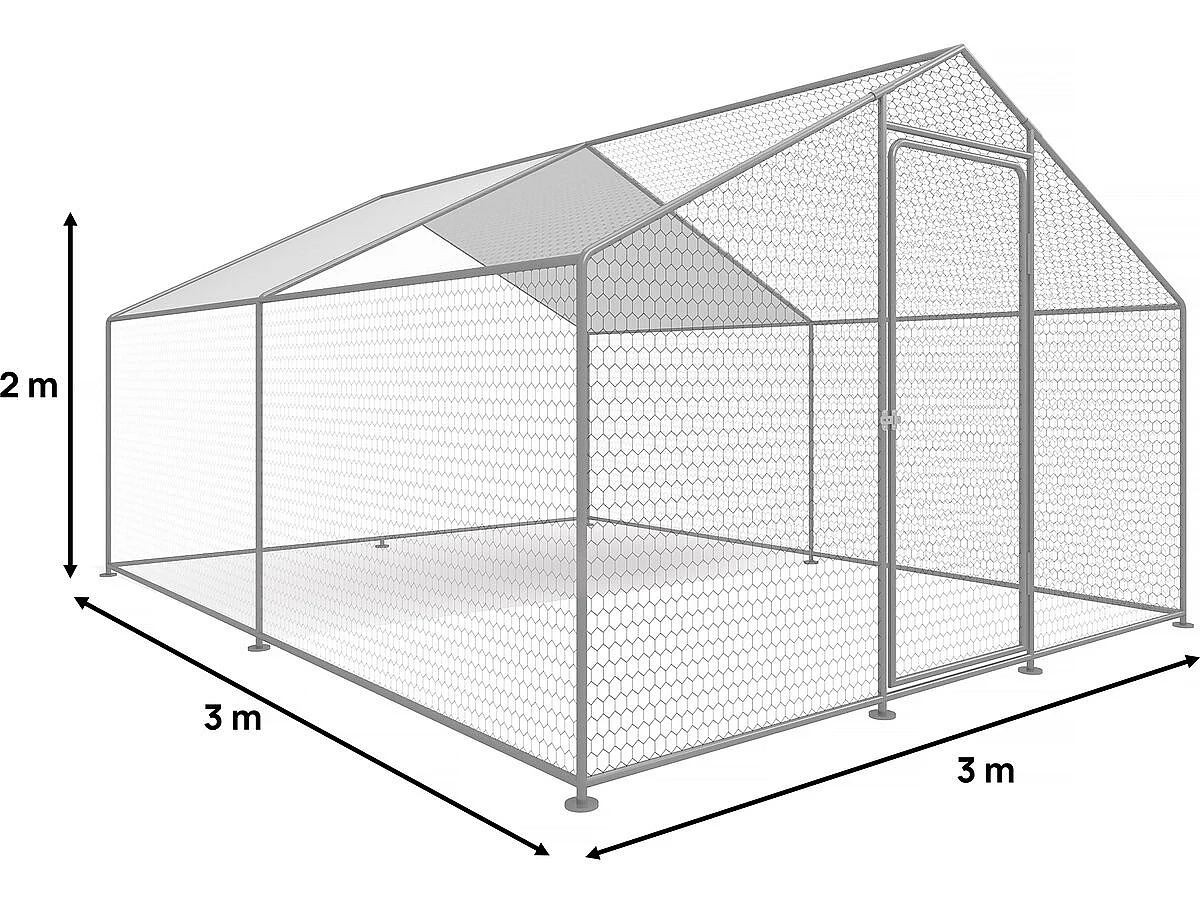 Hühnergehege 9 m² mit Maschendrahtzaun 3 x 3 x 2 m aus verzinktem Stahl