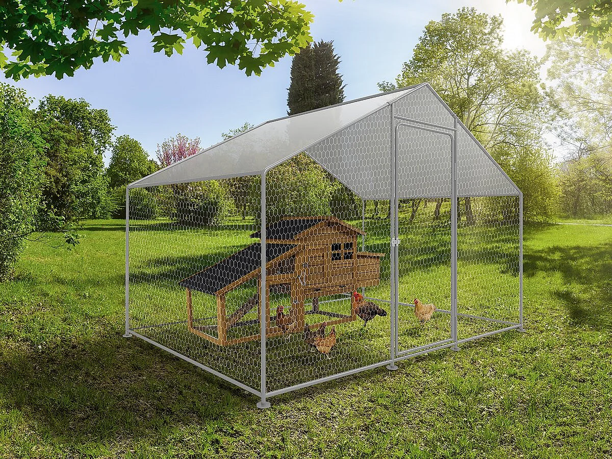 Hühnergehege 9 m² mit Maschendrahtzaun 3 x 3 x 2 m aus verzinktem Stahl