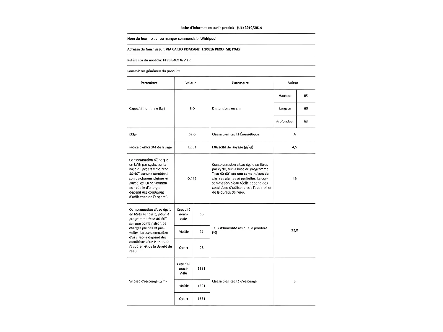 Lave-linge frontal WHIRLPOOL FFBS8469WVFR
