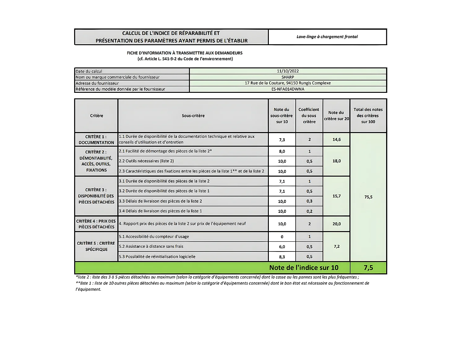 Sharp Lave-linge hublot 10kg 1400 tours/min - ESNFA014DWNA