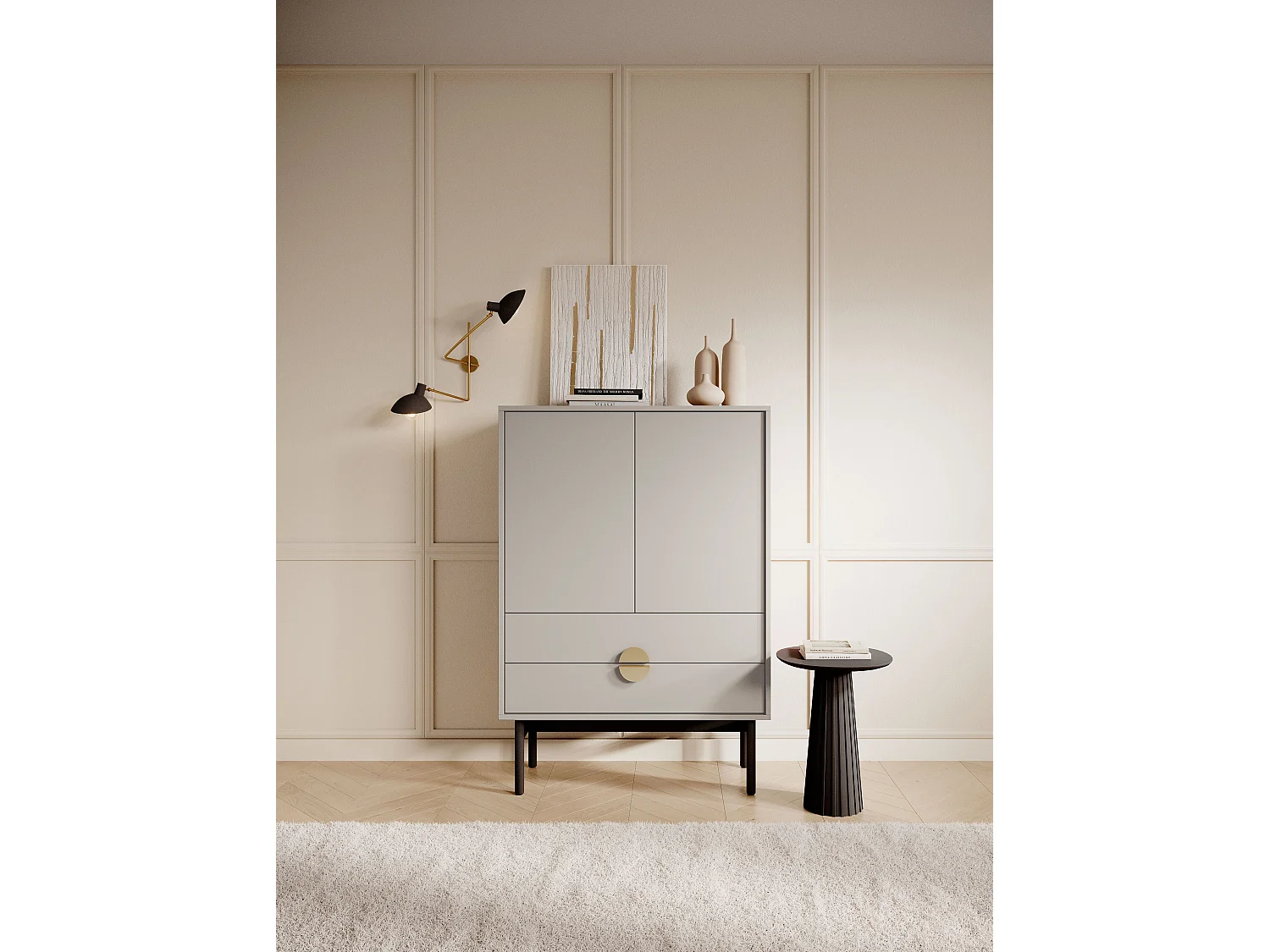 Highboard 2-türig mit 2 Schubladen - 85 cm - Grau-Beige Taupe mit schwarzem Metallgestell - STOON