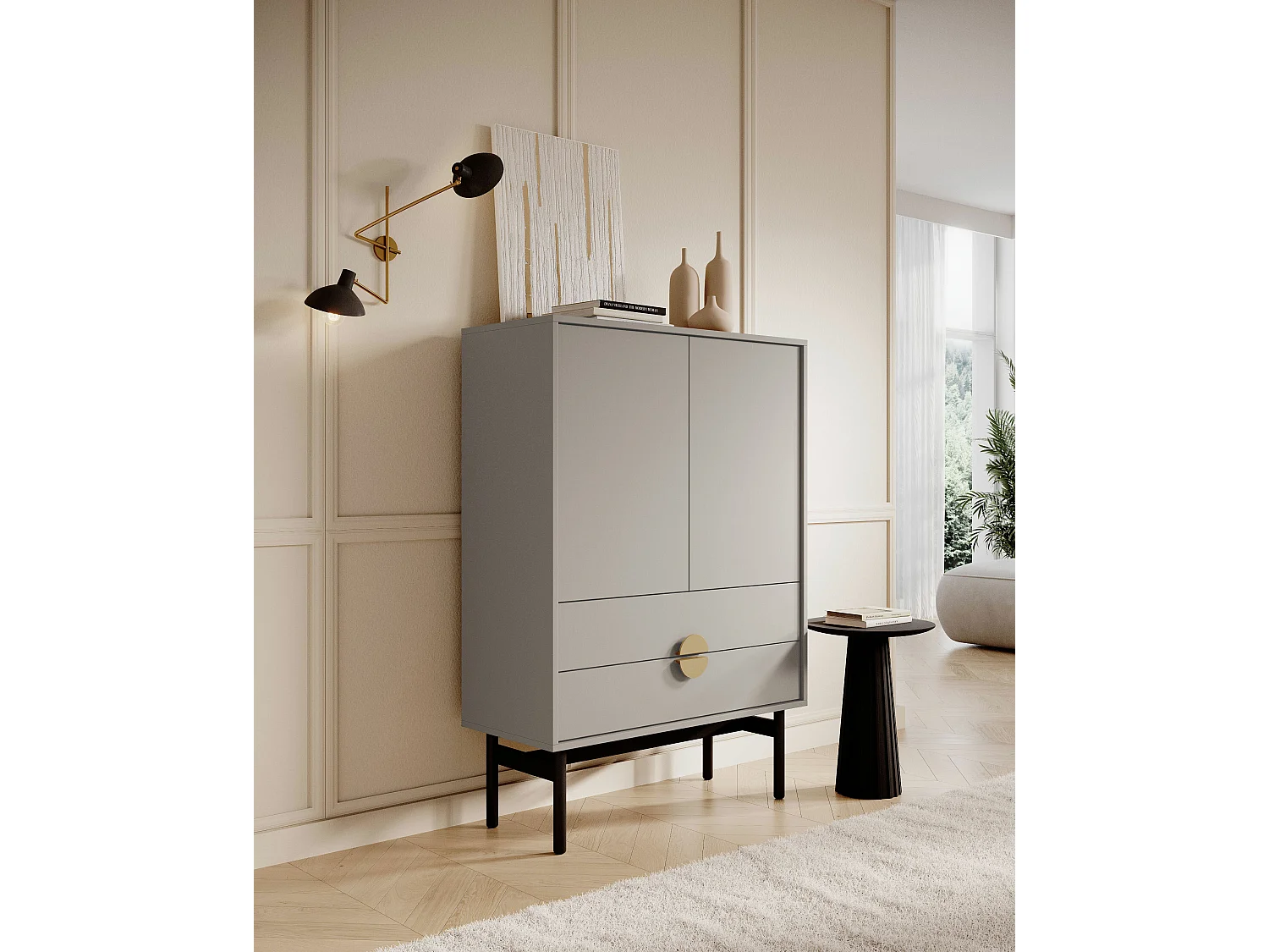 Highboard 2-türig mit 2 Schubladen - 85 cm - Grau-Beige Taupe mit schwarzem Metallgestell - STOON