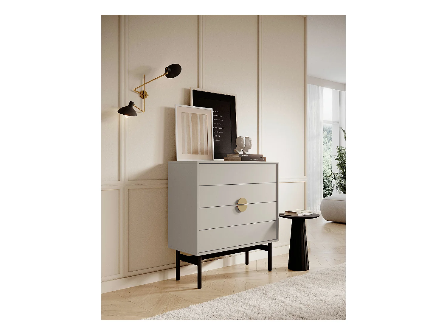 Kommode mit 4 Schubladen - 85,5 cm - Grau-Beige Taupe mit schwarzem Metallgestell - STOON