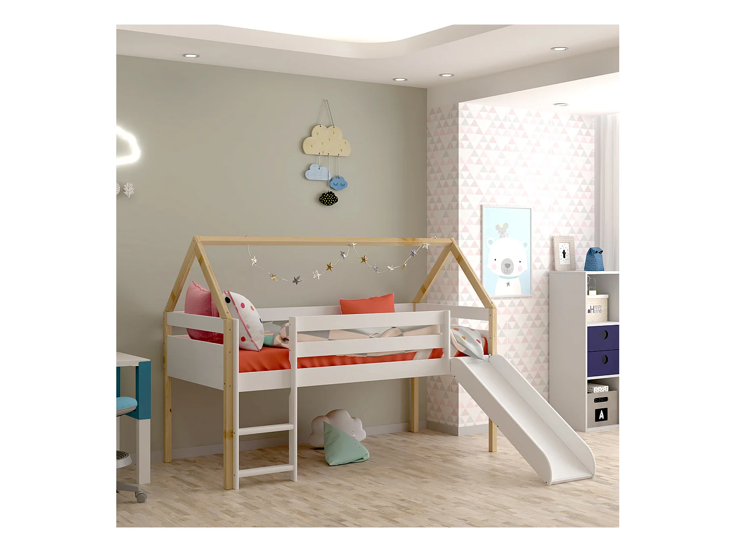 Cama deslizante Logan com escada 140X200X96 Branco-Natural