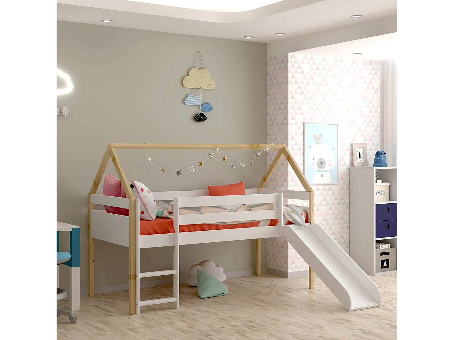 Lit cabane toboggan en bois blanc 90x190cm