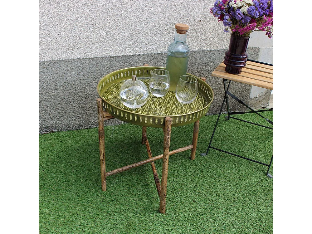 Plateau en métal avec trépied en bambou Jali 45 cm