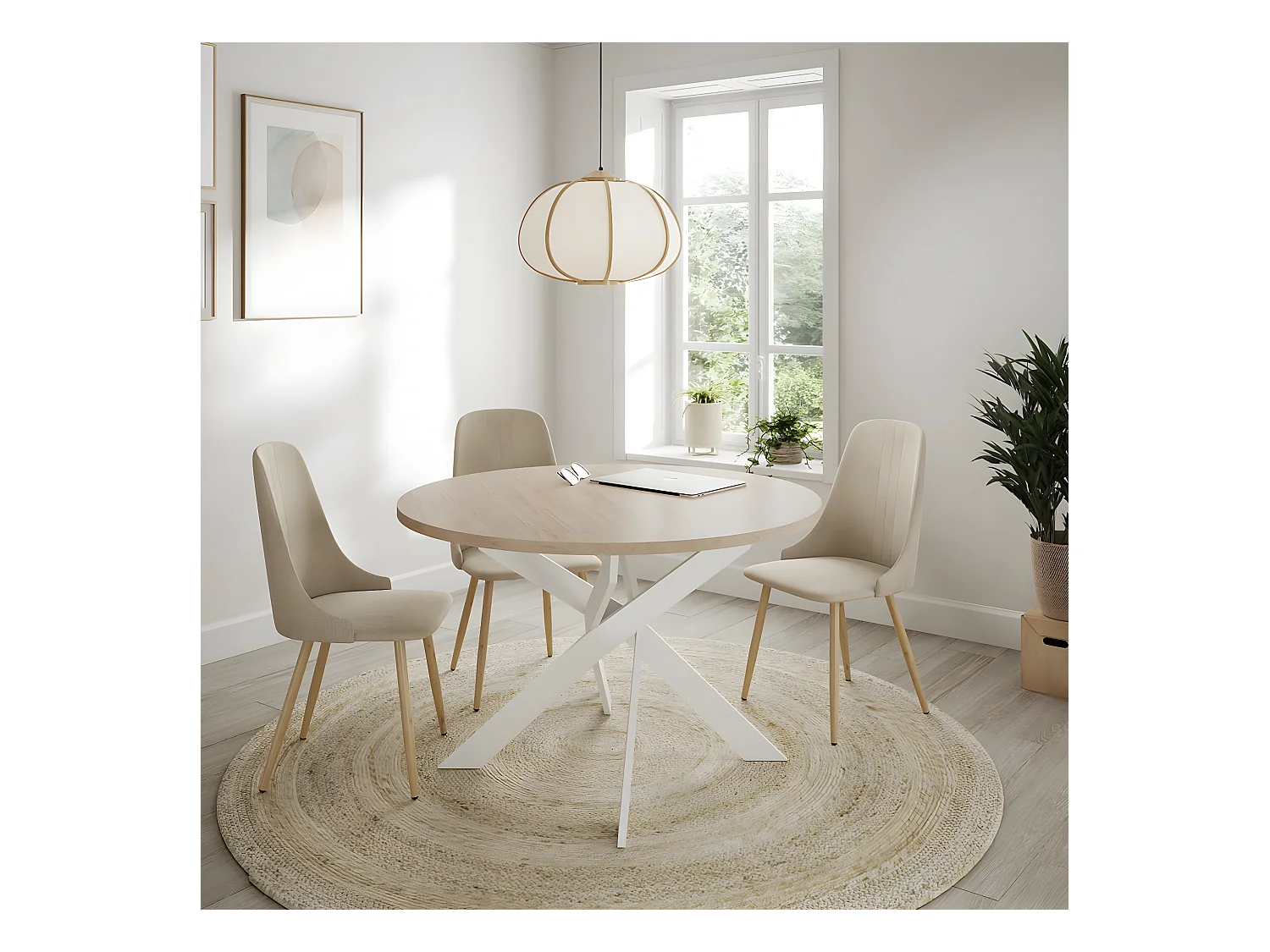 Table à manger ronde effet bois et blanc 4 personnes 120 cm - Calvin