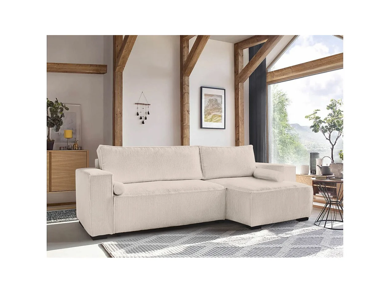 Canapé d'angle 3 places convertible réversible Clarence en velours côtelé - Beige - L248 x P161 x H90cm - Loungitude